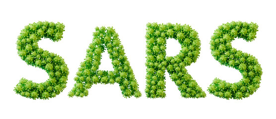 Sars word made from green bacteria cell molecule font. Health and wellbeing. 3D Rendering