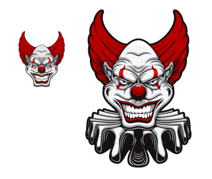 Angry circus clown mascot. Scary halloween clown character tattoo. Crazy smiling jester or comedian vector cartoon personage, isolated spooky clown with red wig, collar and face makeup