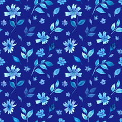 Fototapeta na wymiar Watercolour blue flowers seamless pattern, hand drawn illustration. Floral on blue background.