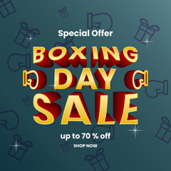 boxing day sale promotion design template. 3d text, giftbox, shiny, discount 70%, dark background concept. simpel, minamal, modern style. white, red, golden. use for poster, banner, advert, promotion