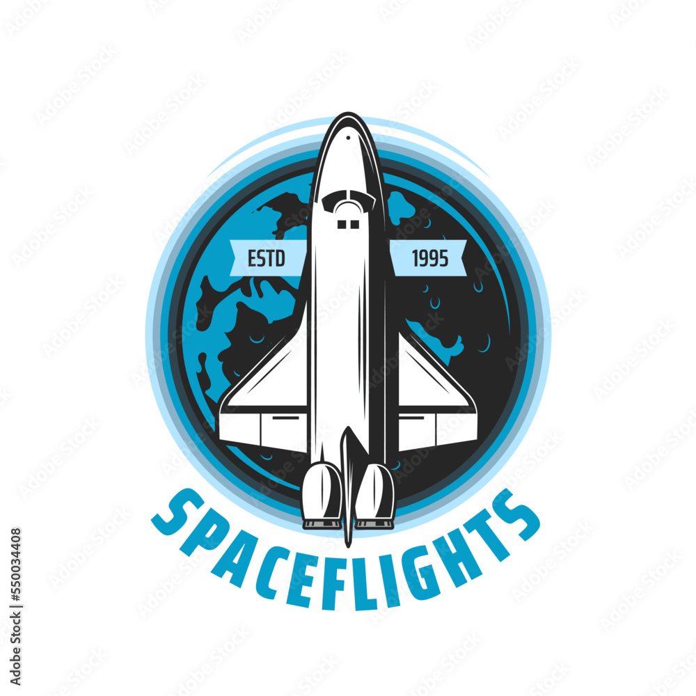 Aufkleber spaceflights vector icon with spaceship and earth planet. space travel, adventure and galaxy univers