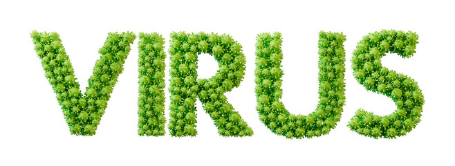 Virus word made from green bacteria cell molecule font. Health and wellbeing. 3D Rendering