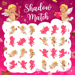 Shadow match game, cartoon cupids angels with arrows and hearts, vector puzzle worksheet. Find correct shadow or silhouette of Valentine cupids with gifts, love hearts and harp or chocolate cakes