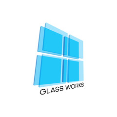 Glass works icon. Window installing or cleaning service, house construction or real estate company vector symbol, icon or abstract emblem with transparent blue window glass