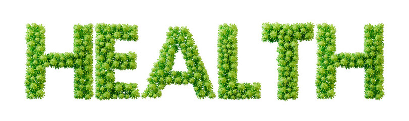 Health word made from green bacteria cell molecule font. Health and wellbeing. 3D Rendering