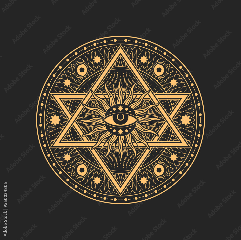 Wall mural Pentagram with magic eye, satanic star in sun rays circle. Vector sun or moon with rays, symbol of alchemy, witchcraft and masonry, mystic amulet