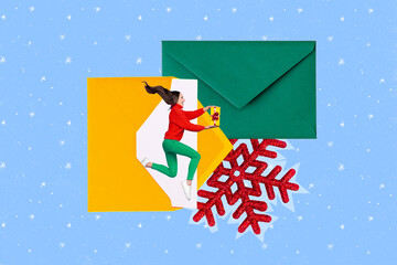 Collage photo of lady wear new year outfit jumping with giftbox present want receive present post...