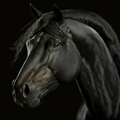 Black Horse, Steed, Stallion, Face Close Up Portrait - AI illustration 04