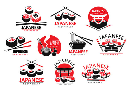 Japanese cuisine icons with sushi, rolls and noodles. Asian cuisine restaurant, Japan fastfood takeaway sea food meals outline vector symbols with nigiri, hosomaki and uramaki sushi, chopsticks