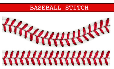 Baseball lace pattern. Baseball ball realistic stitch. Sport tournament or championship 3d vector background or backdrop with realistic white leather hardball, red thread seam