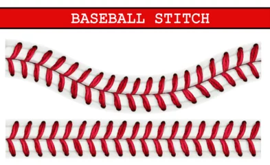 Fotobehang Baseball lace pattern. Baseball ball realistic stitch. Sport tournament or championship 3d vector background or backdrop with realistic white leather hardball, red thread seam © Vector Tradition