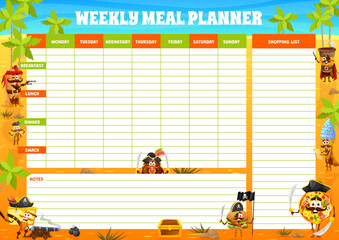 Weekly meal planner cartoon pirates fastfood characters on treasure island. Vector timetable with funny hot dog, nachos, coffee, donut and burger. Pizza, ice cream and cake corsairs. Week food plan
