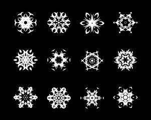 Set of snowflakes for Christmas eve holidays ornament. Xmas greeting elements collection. Artistic filigree snowflake group wor winter holiday prints.
