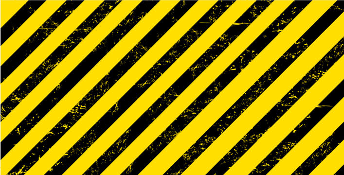 Grunge Yellow And Black Stripes Warning Industrial Background. Vector Warn Caution, Construction, Safety Backdrop With Diagonal Lines And Grungy Texture For Road Or Factory Attenstion