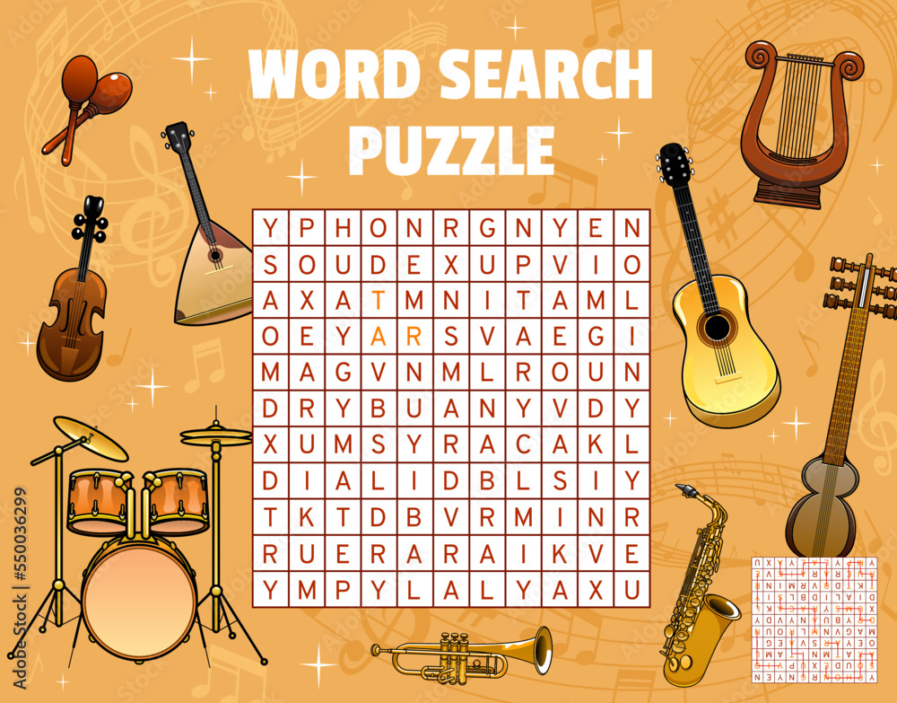 Aufkleber musical instruments and sound waves with notes on word search puzzle game worksheet. children quiz g