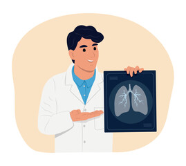 Smiling male doctor holding x-ray of lungs to prevent asthma. World Asthma Day. Bronchial asthma. Allergy, asthmatic. Inhalation drug. Bronchial asthma