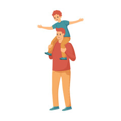 Happy dad and kid together flat vector illustration. Young cartoon man and child having fun outdoors isolated on white background. Family, love, care concept