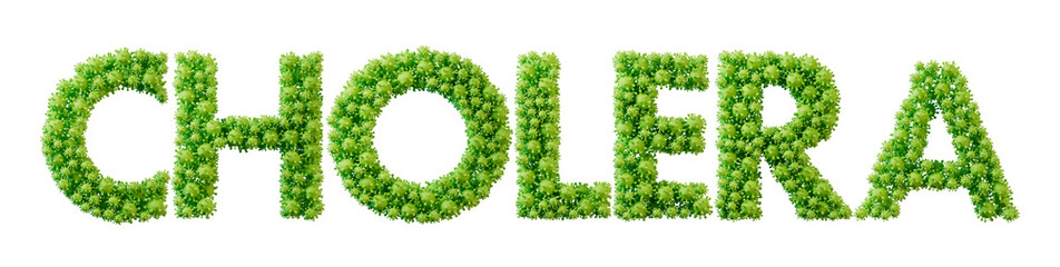 Cholera word made from green bacteria cell molecule font. Health and wellbeing. 3D Rendering - obrazy, fototapety, plakaty