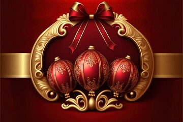 A red and gold Christmas card with three red ornaments and a bow on a red background. A Christmas Wallpaper. A Christmas Scene. Generative AI Digital Illustration