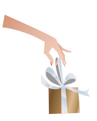 Main de femme qui tient le ruban d'un cadeau sur fond transparent