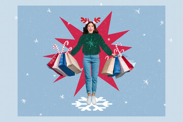 Creative collage of overjoyed funky girl hold shop packages jumping drawing snowflake isolated on...