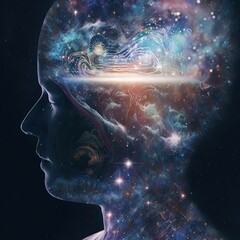 Double exposure surreal image of face and universe, made with generative AI. Great for ads, book covers, posters and more. 
