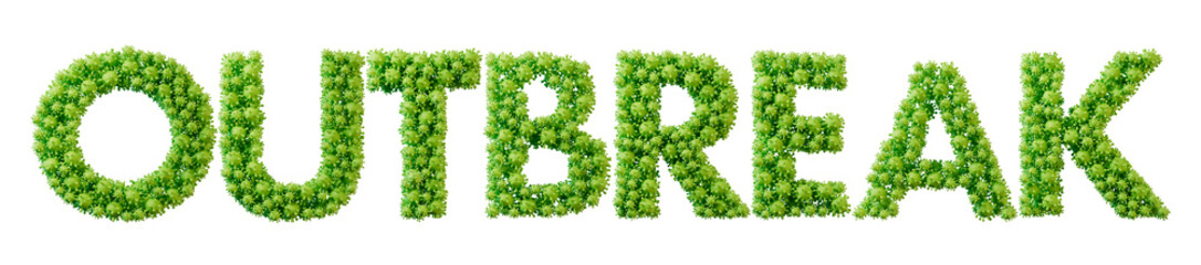 Outbreak word made from green bacteria cell molecule font. Health and wellbeing. 3D Rendering