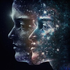 Double exposure surreal image of face and universe, made with generative AI. Great for ads, book covers, posters and more. 