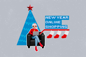 Creative collage image of peaceful girl santa headwear sit chair use netbook new year online...