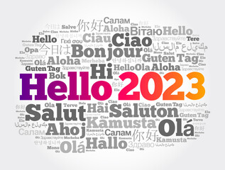 Fototapeta premium Hello 2023 word cloud in different languages of the world, concept background