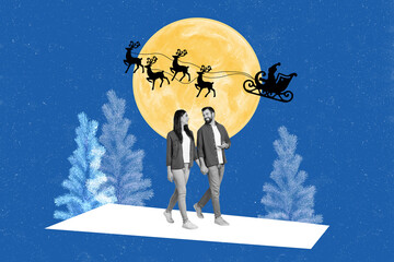 Christmas greeting collage of two people walk under full night eve with santa claus ride deer...