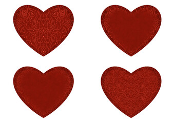 Set of 4 heart shaped valentine's cards. 2 with pattern, 2 with copy space. Deep red background and bright red pattern on it. Cloth texture. Hearts size about 8x7 inch / 21x18 cm (p07-2ab)