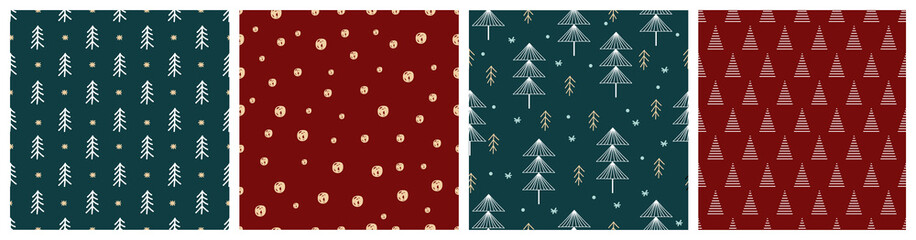 Vector Set of simple Seamless Christmas and New Year`s patterns. Winter and Christmas elements on a dark background. Wrap for gifts.  