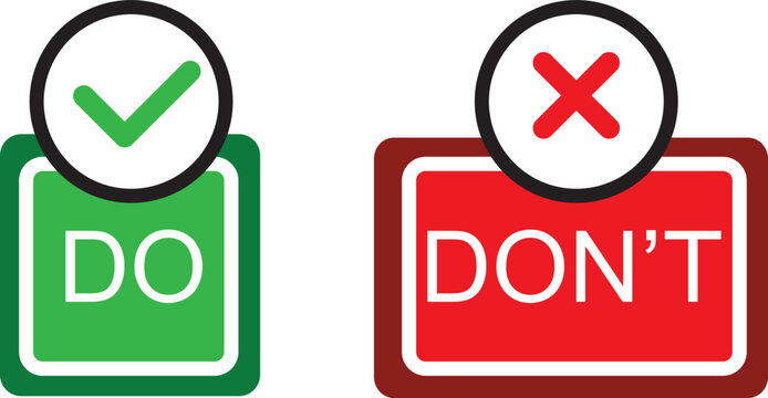 Do and Don't icons. Check mark and cross. Like and dislike symbols. Positive and negative signs. Vector illustration.