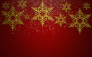 merry christmas and happy new year. Gold glitter snowflake red background.