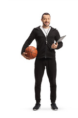 Full length portrait of a basketball trainer holding a ball and a clipboard