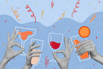 New year collage of people hands holding beverages clinking celebrate twelve hours countdown on...