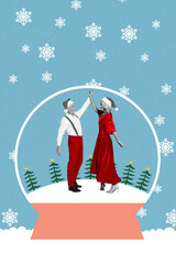 X mas poster banner of holly jolly couple dancing under snow globe decor on snowy background