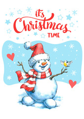 Christmas card with watercolor snowman and snowflakes. New year illustration.