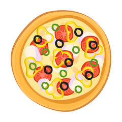 Pizza from restaurant isolated on background. Pizza with tomato sauce and juicy stuffing ingredients for pizzeria dish card. Vector illustration
