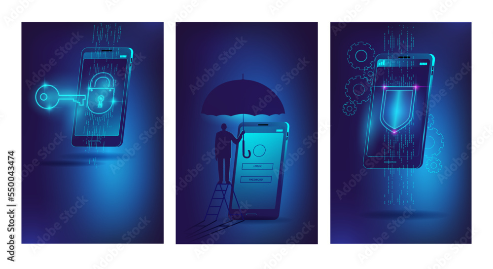 Aufkleber a key with a lock, a man with an umbrella and a shield in the phone. a set of templates for a vertic