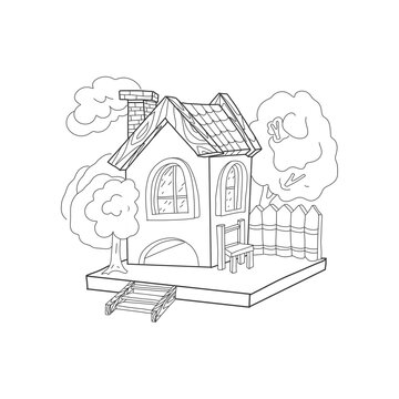 Houses small one-story village farm wooden hand drawn sketch doodle set of separate elements mill agriculture on a white background