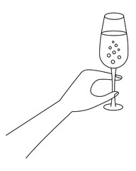 Hold a glass of champagne in your hand. The fingers are closed on the stem of the glass. Sketch. Take a crystal container with sparkling wine in the palm of your hand. Magic bubbles. Vector 