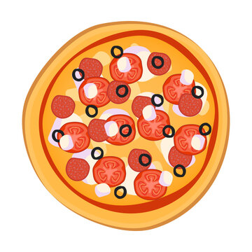 Pizza from restaurant menu isolated on background. Pizza with tomato sauce and juicy stuffing ingredients for pizzeria dish card. Vector illustration