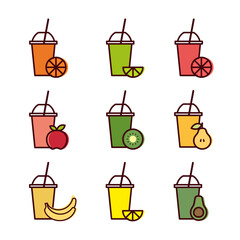 9 line art icons fruit juices with fruits
