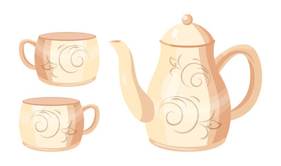 White porcelain teapot with teacups vector illustrations set. Collection of cartoon drawings of pot and cups with ornament isolated on white background. Kitchenware, teatime, coziness concept