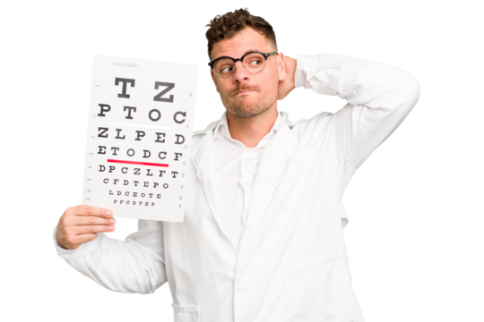 Young caucasian oculist man isolated touching back of head, thinking and making a choice.