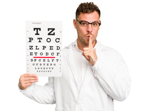 Young caucasian oculist man isolated keeping a secret or asking for silence.