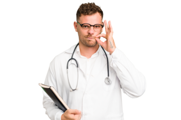 Young doctor caucasian man holding a book isolated with fingers on lips keeping a secret.