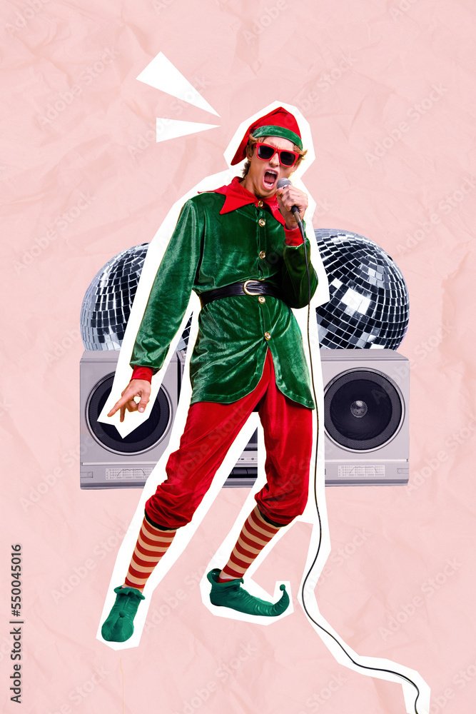 Sticker Christmas invitation postcard collage for new year festive theme party funny funky elf sing in microphone boom box